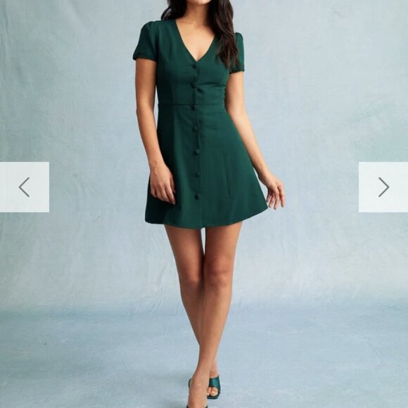 RIOHAS The Dark Green V Neck Button-up Shirt Mini Dress - Picture 4 of 8